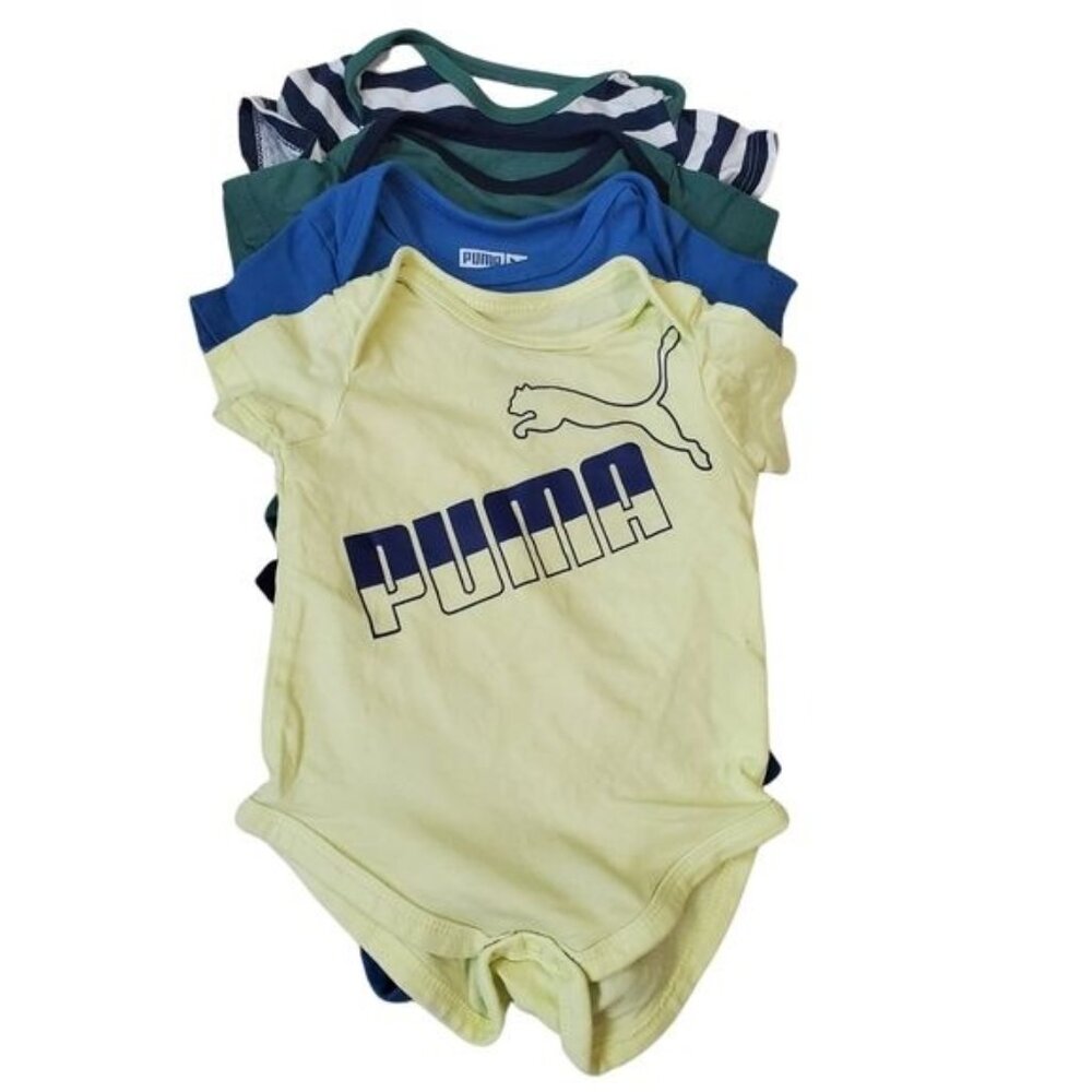 Puma 0-3 Months 4 Bodysuits‎ Short Sleeve logo striped yellow green blue